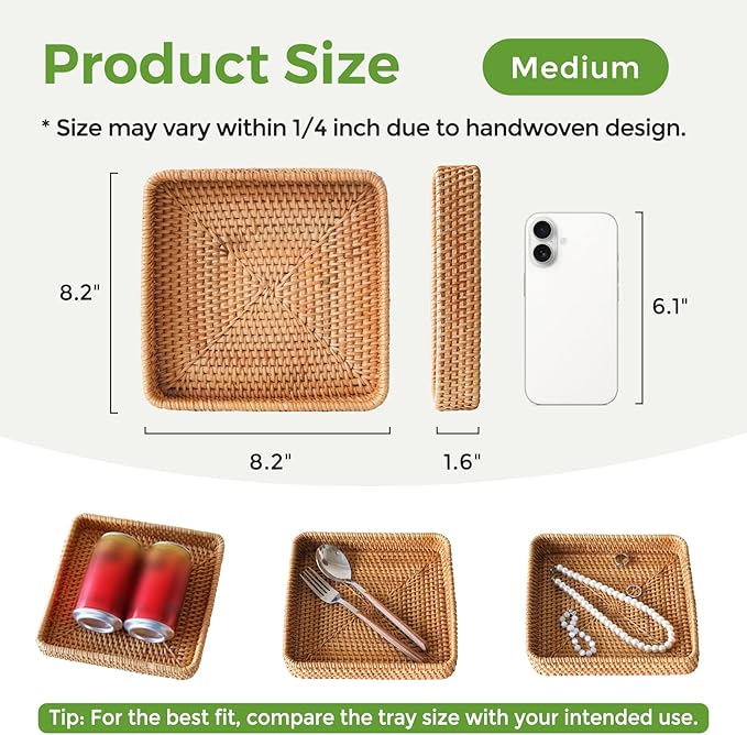 Rattan Serving Tray, Square Woven Storage Basket, Wicker Baskets for Organizing, Natural Wicker Decorative Serving Baskets for Organizing Tabletop Bathroom Kitchen Counter Square