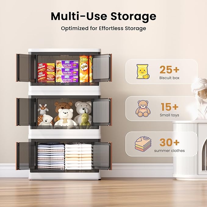 8.4Gal Collapsible Storage Bins with Lids & Wheels - 6 Pack Stackable with Doors, Heavy-Duty Plastic Containers for Home/Office, White