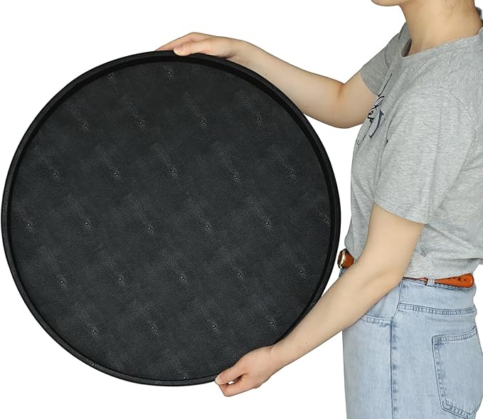 HofferRuffer Large Round Serving Tray 24'', Elegant Faux Leather Circle Ottoman Table Tray, Serve Tea Coffee Breakfast in Bedroom Living Room Kitchen (Classic Black)
