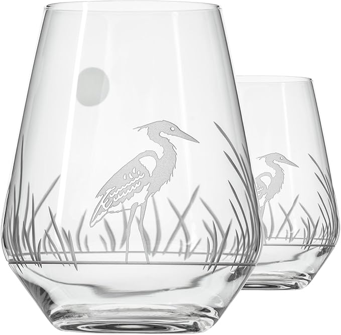 Rolf Glass Heron Stemless Wine Tumbler 18 ounce - Stemless Wine Glasses – Lead-Free Glass - Engraved Tumbler Glasses - Made in the USA (Set of 2)