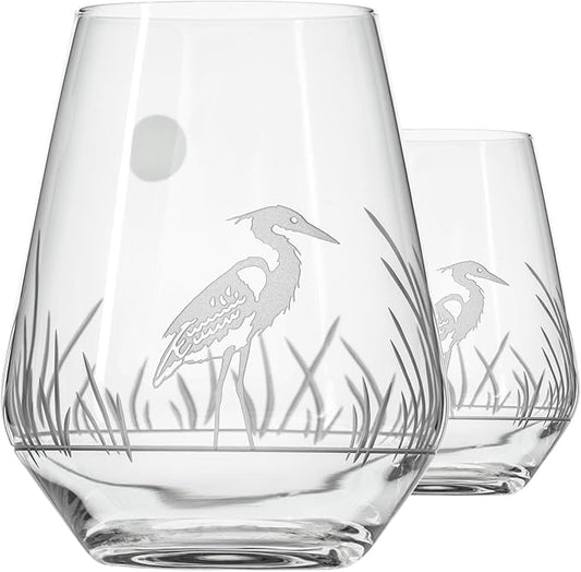 Rolf Glass Heron Stemless Wine Tumbler 18 ounce - Stemless Wine Glasses – Lead-Free Glass - Engraved Tumbler Glasses - Made in the USA (Set of 2)