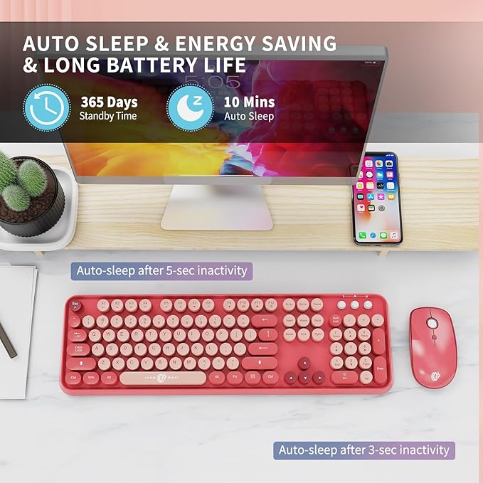 FD Wireless Keyboard and Mouse Combo | Cute Colorful Keyboard and Mouse with 2.4GHz Cordless Retro Typewriter Keyboard | Auto-Sleep | USB Receiver for Windows PC/Laptop - Pink Colorful