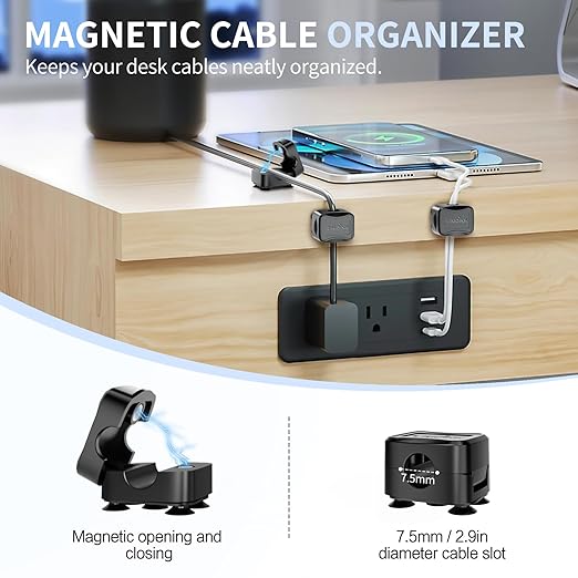 6-Piece Magnetic Cable Clips Set with 6 Silicone Suction Cups for Cable Management | Magnetic Cord Holder and Organizer Keeper for Home Office, Desk, Phone, Car, Wall, and Nightstand