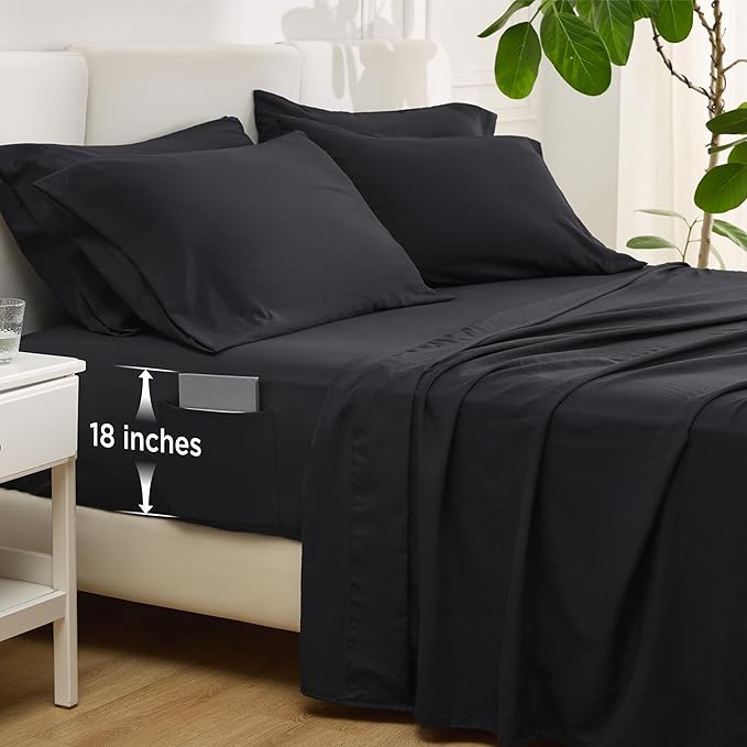 Bedsure Deep Pocket Full Size Sheets Set - 6 Piece, Prewashed Ultra-Soft Full Size Bed Sheets, Fits Mattresses Up to 18 Inches Thick, Breathable & Secure Fit, Hotel Luxury Bedding, Black