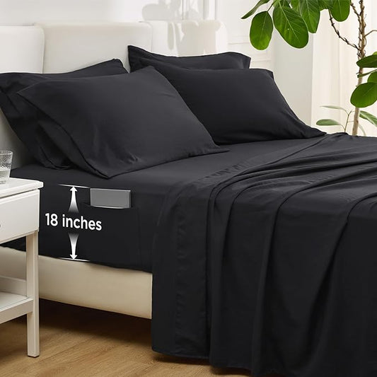 Bedsure Deep Pocket Full Size Sheets Set - 6 Piece, Prewashed Ultra-Soft Full Size Bed Sheets, Fits Mattresses Up to 18 Inches Thick, Breathable & Secure Fit, Hotel Luxury Bedding, Black