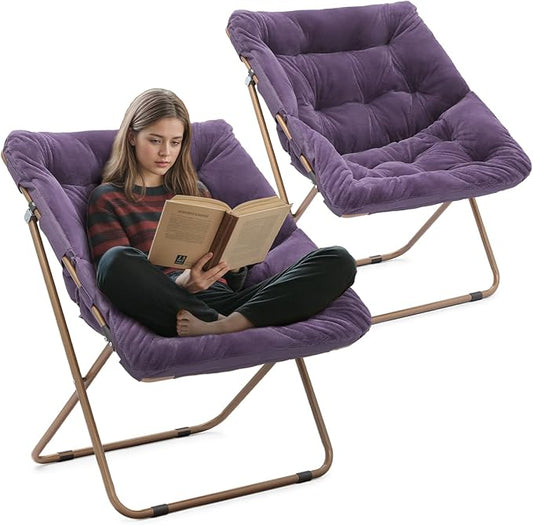 Athena Collection Saucer Chair for Adult, Square Comfy Cozy Chair Folding Chair Faux Fur Metal Frame Foldable Reading Chair Accent Chair for Bed Room Living Room Set of 2, Purple
