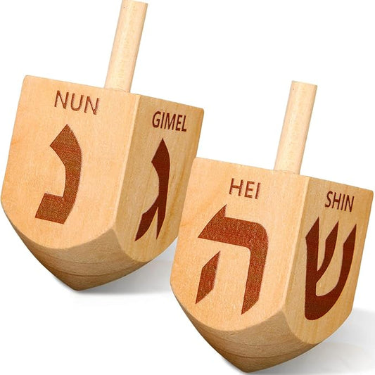 2 Pcs Hanukkah Dreidels Game Toy Extra Large Wooden Dreidel for Hanukkah Decoration with English Transliteration, Forever Spinning Tops Party Favors(Simple)