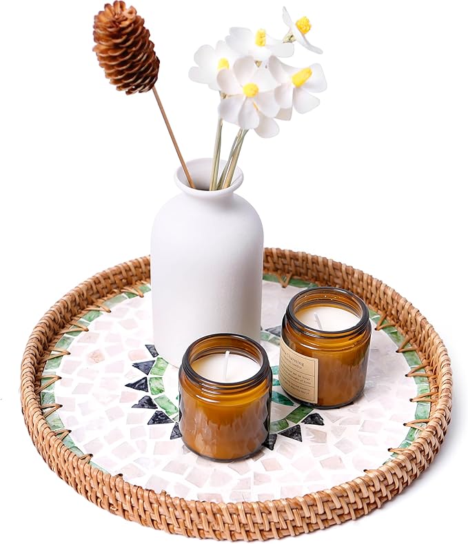 Round Rattan Tray with Mother of Pearl Inlay & Wooden Base - Decorative Wicker Serving Tray for Coffee/Bread/Fruits, Food Storage & Display - Multipurpose Home Decor (L,Bohemia)