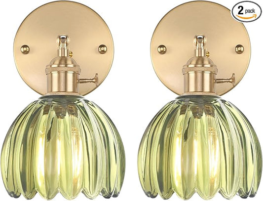 Vintage Wall Sconces Set of 2 with Cute Green Tulip Glass Lampshade 180 Degree Adjustable Brass Sconces Hradwired Modern Wall Lighting Fixture with Switch for Bedside Bedroom Doorway