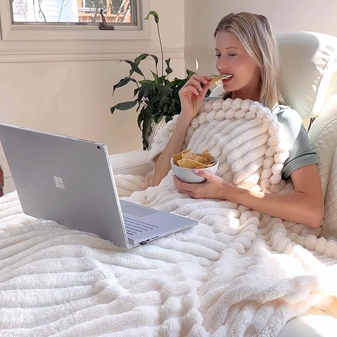 BEDELITE Blankets Queen Size for Bed, 300GSM Soft & Warm Fleece Blanket, Decorative and Giftable Striped Cream White Blankets for Women, Men, 90"x90"