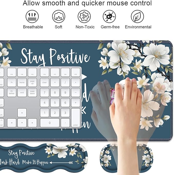 4 in 1 Ergonomic Keyboard Wrist Rest & Mouse Pad Wrist Rest Set,Stay Positive Work Hard and Make It Happen Inspirational Quote Large XXL Gaming Desk Mat with Non-Slip Base for Home Office Study Gaming