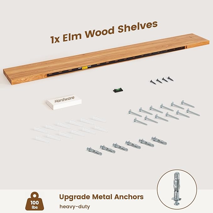 Rustic Elm Wood Floating Shelf for Wall, Flat Edge 72"W x 9.2"D x 1.4"H, 1 Pack with Invisible Bracket, Large Wall Mounted Storage Shelf for Living Room Bedroom Kitchen Bathroom Decor, Natural Finish