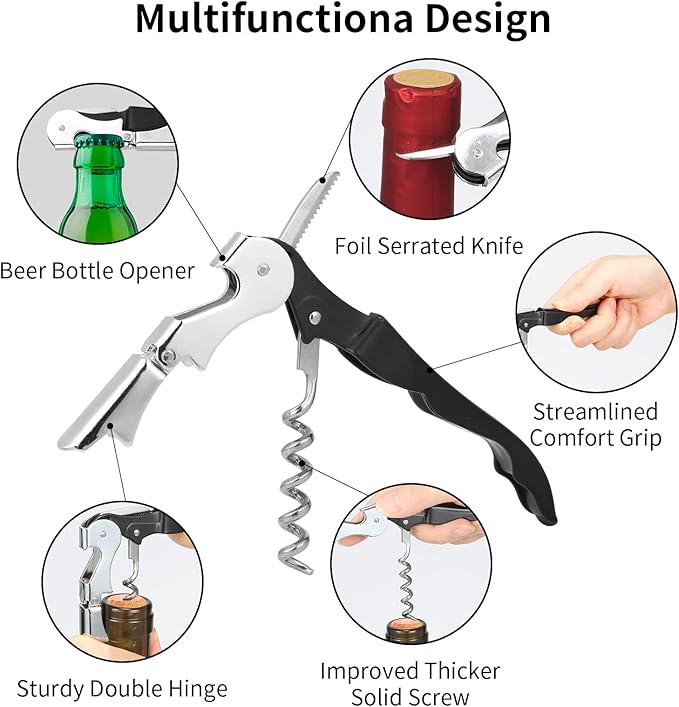 4 PCS Waiter Corkscrew Wine Opener,Upgraded Heavy Duty Wine Keys,Stainless Steel Double Hinged Wine Key for Serves,Bartenders(Black)