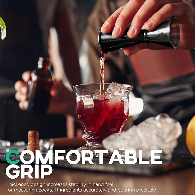 Homestia Japanese Jigger - Cocktail Measuring Double Jiggers for Bartending, Copper Jigger with Measurements Inside - Stainless Steel Bar Tools For Bartenders, 2 oz 1 oz with 1 Pourer (Black)