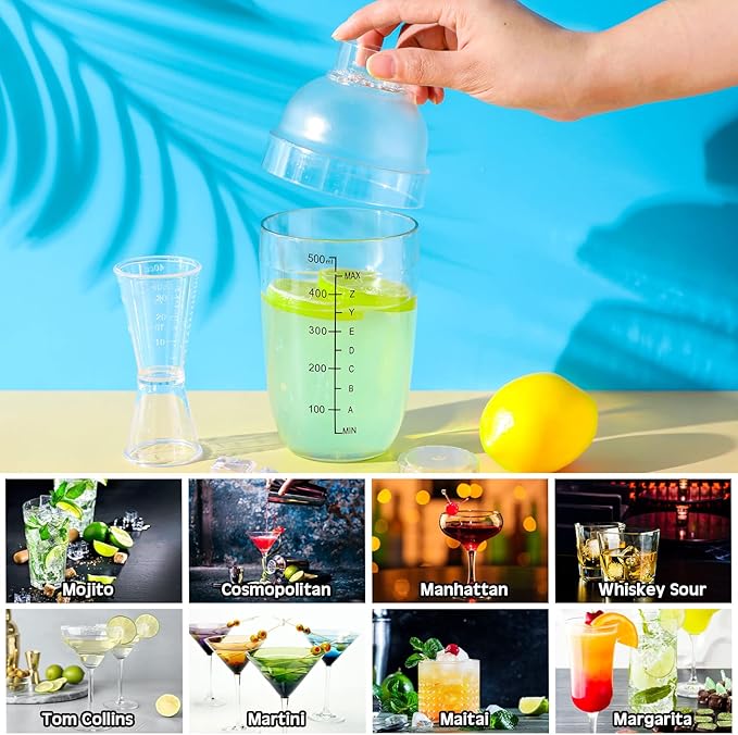 7 Pcs Plastic Cocktail Shaker Set Drink Mixer with Mark Clear Drink Cocktail Shaker and Measuring Jigger Set Ounce Cup Clear for Bar Party Home Use Wine Bar(17oz)