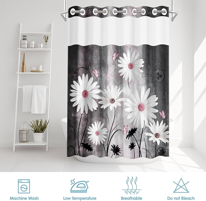 No Hook Pink White Daisy Butterfly Shower Curtain with Snap in Fabric Liner Set, Grey Farmhouse Double Layers Waterproof Fabric with See Through Top Window Open Grommet Bath Curtain 71x74 Inch