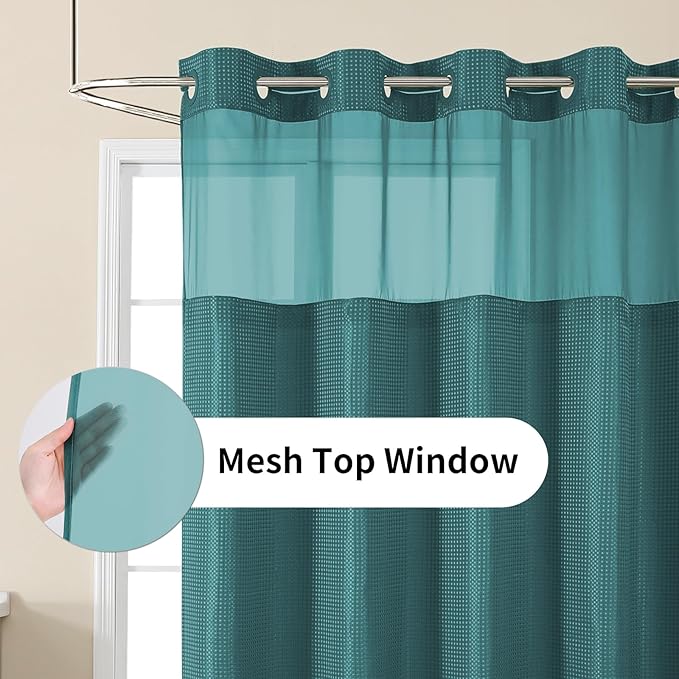 No Hook Shower Curtain with Snap in Fabric Liner, Waffle Weave Heavy Duty Thick Shower Curtains with Mesh Top Window, Hotel Style Waterproof Bathroom Curtain Set, 72 x 75 Inch, Seaweed Green