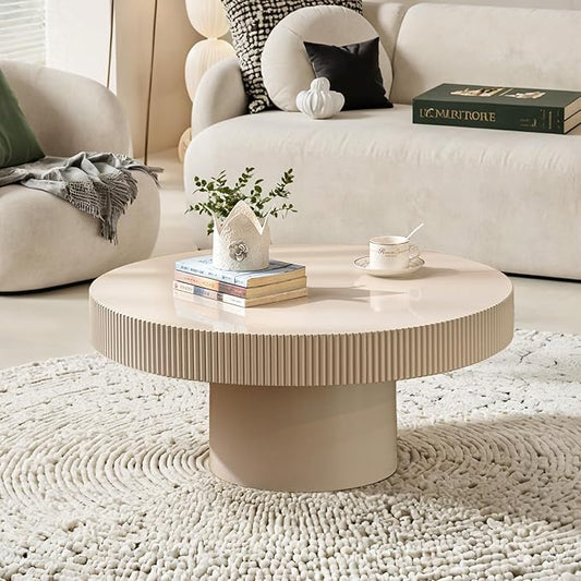 Round Fluted Coffee Table Mid Century Modern Coffee Tables with Handcrafted Relief Circle Drum End Table Rustic Industrial Center Tables for Apartment Living Room (White Round Thin)
