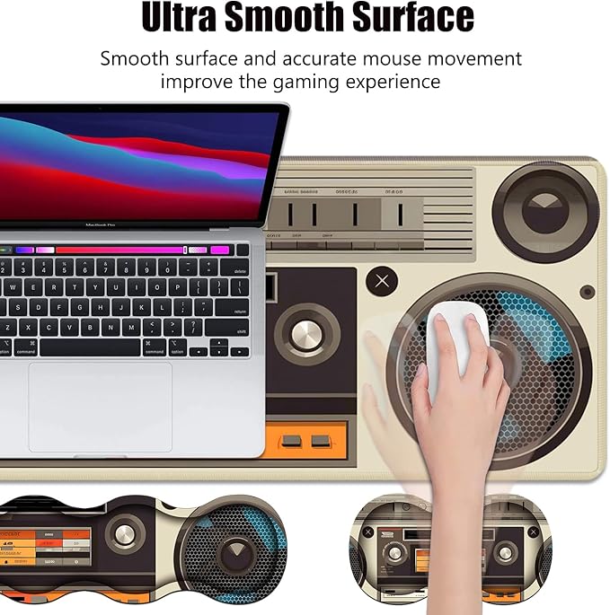 4 in 1 Ergonomic Memory Foam Mouse Pad Wrist Rest Set, Large XXL Gaming Desk Pad + Keyboard Wrist Rest + Mouse Wrist Cushion + Coaster for Home Office Study Gaming, Vintage Tape Recorder