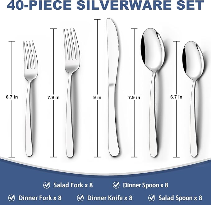 40-Piece Silverware Set for 8, Wildone Premium Stainless Steel Flatware Set, Heavy Duty Cutlery Utensil Set for Home Restaurant, Include Fork Knife Spoon Set, Dishwasher Safe