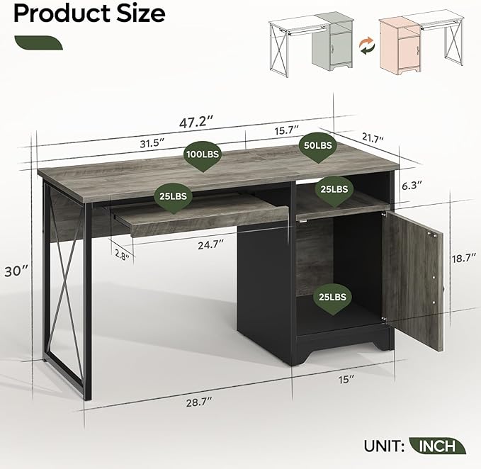 Bestier Office Desk with Keyboard Tray, Industrial Computer Desk with Storage, Reversible Executive Desk with File Cabinet for Home Office Bedroom, 47 inch Grey