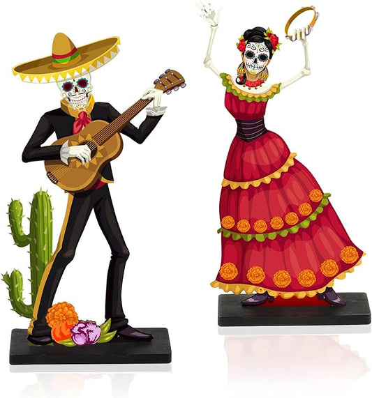 2 PCS Day of the Dead Centerpieces, Wooden Dancing Couple Sugar Skull Signs Decor Day of the Dead Table Decor Mexican Dia De Los Muertos Decor for Table Mexican Festival Halloween Decor