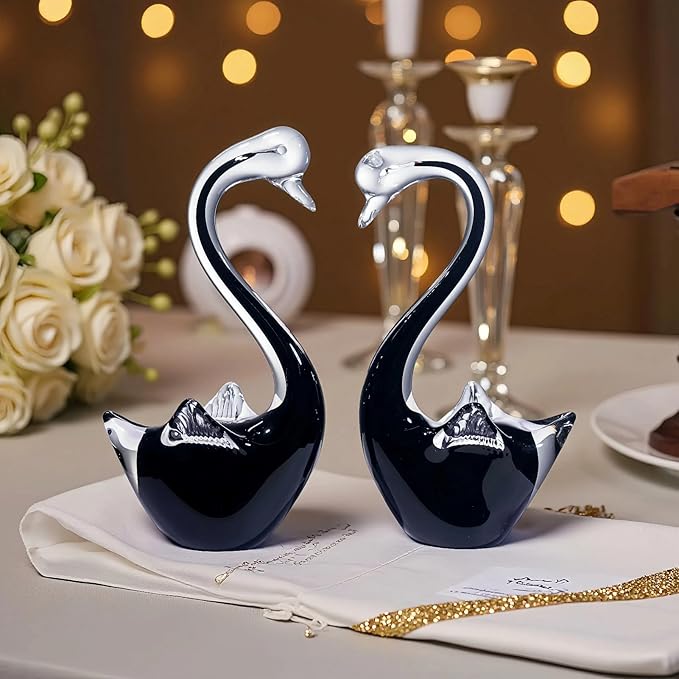 Black Swan Glass Figurines Set - 7.5" L x 3.9" H Weatherproof Hand Blown Glass Art, Indoor/Outdoor Decor, Pair of 2 - Perfect Garden Art, Home Shelf Display & Gift for All Occasions