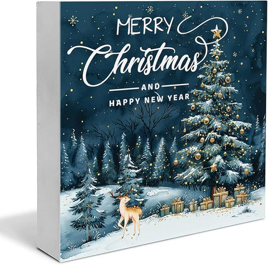 Christmas Signs, Merry Christmas Wooden Sign Deer Decor, Happy New Year Wooden Block Sign, Christmas Home Decor for Table Shelf 5 x 5 Inch