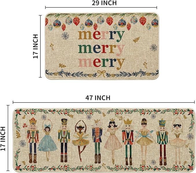 Artoid Mode Watercolor Nutcrackers Merry Christmas Decorative Kitchen Mats Set of 2, Home Party Low-Profile Kitchen Rugs - 17x29 and 17x47 Inch