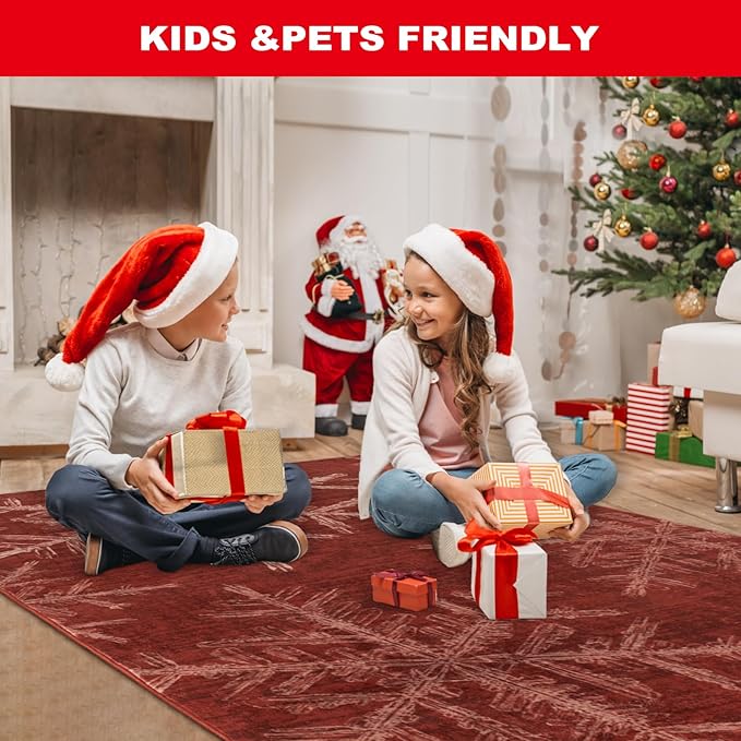 Lahome Snowflake Christmas Runner Rug, 2x8 Red Christmas Rug Runner Soft Non Slip Kitchen Runner Rugs with Rubber Backing Holiday Decor Carpet Runners for Hallways Bedroom Laundry(2x8ft,Red)