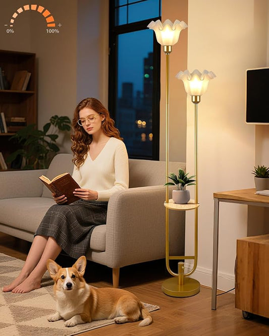 Lightdot Dimmable Flower Floor Lamp for Living Room, Modern Mid Century Floor Lamp with Table, Tall Standing Lamp for Bedroom & Home Decor- Gold