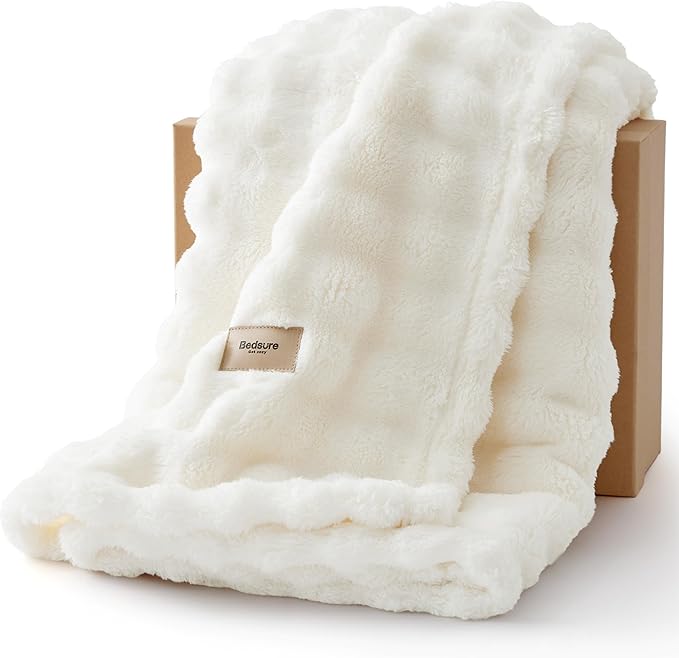 Bedsure 3D Bubble Blanket for Couch - GentleSoft White Throw Blanket for Sofa Bed Room Decor - Luxury Warm Cozy Gifts for Women, All Seasons, Off White, 50"×60"