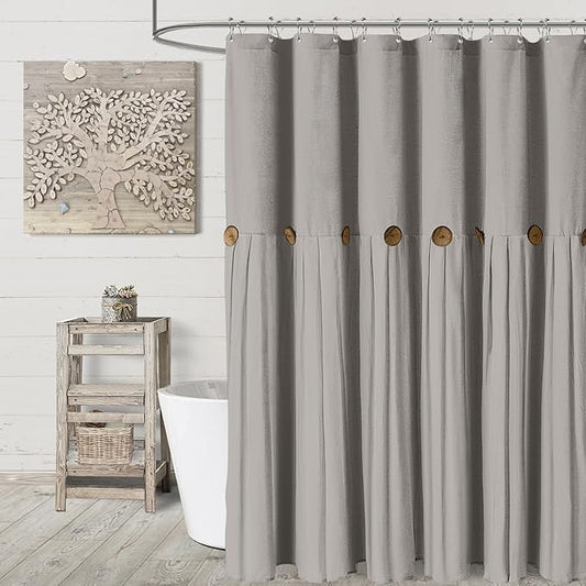Awellife Farmhouse Grey Shower Curtain Button Linen Textured Woven Fabric,Country Style 72" W x 72" L