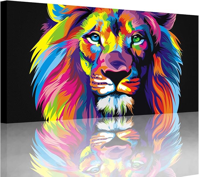 Animal Lion Pictures Wall Decor Art for Bedroom,Colorful Lion Canvas Wall Art Paintings for Living Room,Artwork Stretched and Ready to Hang,Size 24x48inches.