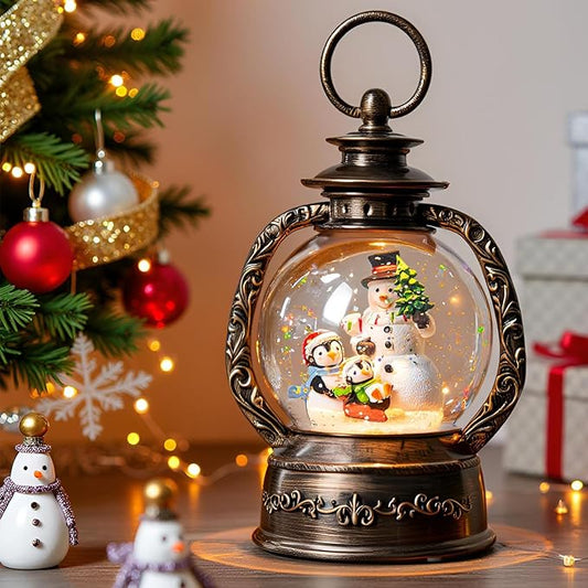 Musical Snow Globe Lantern Lighted Snowman with Penguins Christmas Snow Water Lantern Swirling Glittering Home Decoration and Gift, Battery Operated or USB Powered