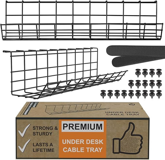Under Desk Cable Management Tray, Cord Organizer for Wire, Cord Management Under, Wire Holders - Black Tray - Set of 2X 17