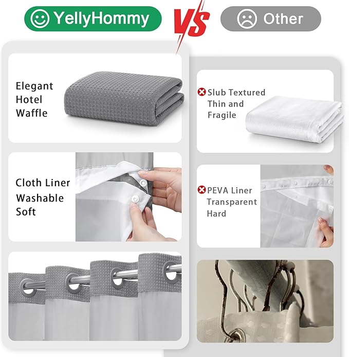 YellyHommy No Hook Shower Curtain with Snap in Liner Set Less Time Grey Waffle Shower Curtain for Bathroom 81" L x 72" W Gray