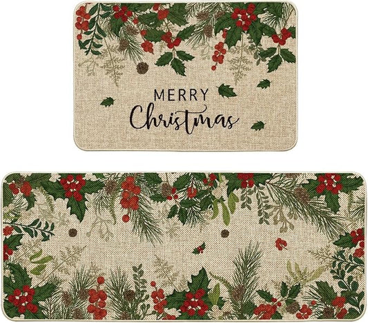 Artoid Mode Leaves Holly Merry Christmas Kitchen Mats Set of 2, Winter Home Decor Low-Profile Kitchen Rugs for Floor - 24x35 and 24x59 Inch