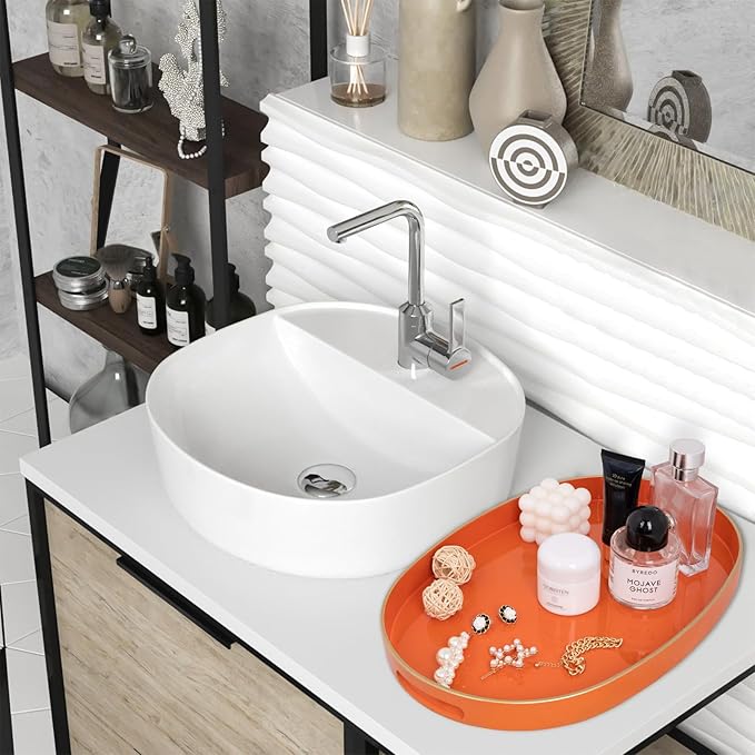 MAONAME Orange Decorative Tray, Oval Serving Tray with Handles, Plastic Tray for Coffee Table, Ottoman Trays for Living Room, Bathroom, 15.6" X 10.6" X 1.4"
