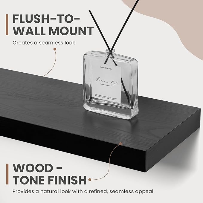 36 Inch Floating Shelves, 8 Inch Deep Floating Shelves for Wall, Hanging Shelf with Invisible Brackets, Deep Shelves for Bathroom, Bedroom, Living Room, Black, Set of 2