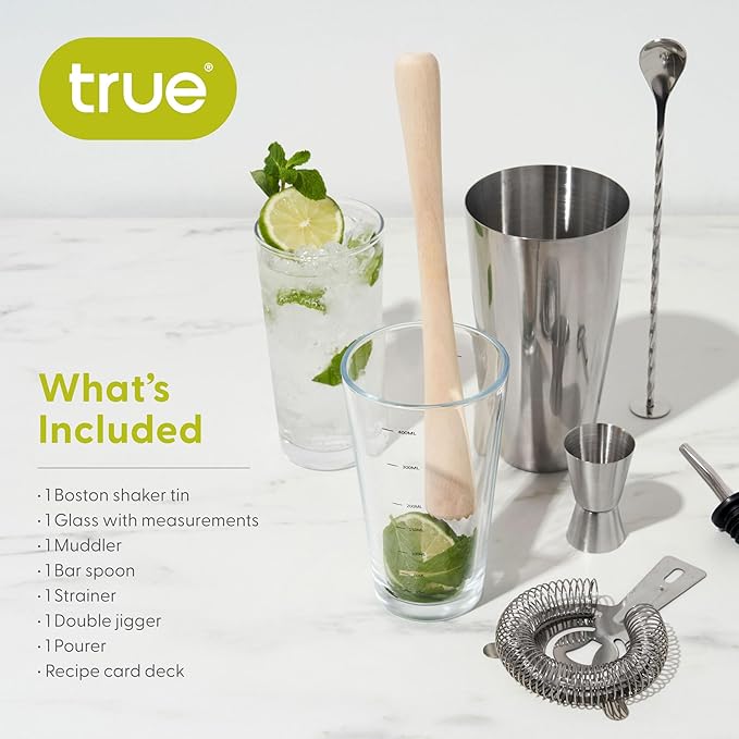 True 7-Piece Barware Set for Mixed Drinks and Cold Brew Cocktails, Includes Boston Cocktail Shaker Tin, Mixing Glass, Jigger, Muddler, Strainer, Bar Spoon, Pour Spout for Home Bar, Bartender Gifts