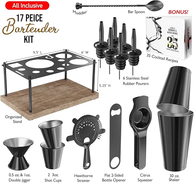 Bar Set Cocktail Shaker Set Bartender Kit, 17 Piece Black Cocktail Set, Mixology Bartender Kit with Wood Stand, Steel Cocktail Kit, Bar Accessories: 30oz Martini Shaker, Muddler, Cocktail Book & More