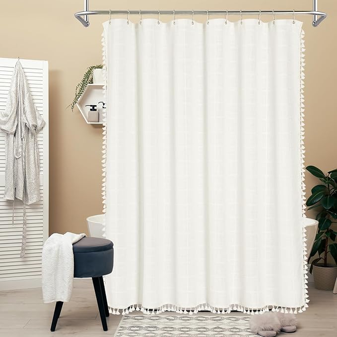 MitoVilla Modern Farmhouse Shower Curtain Set, Off White Boho Cloth Shower Curtains for Country Bathroom Decor, Ivory Vintage Rustic Thick Linen Fabric Shower Curtain with Tassel, 72 x 72