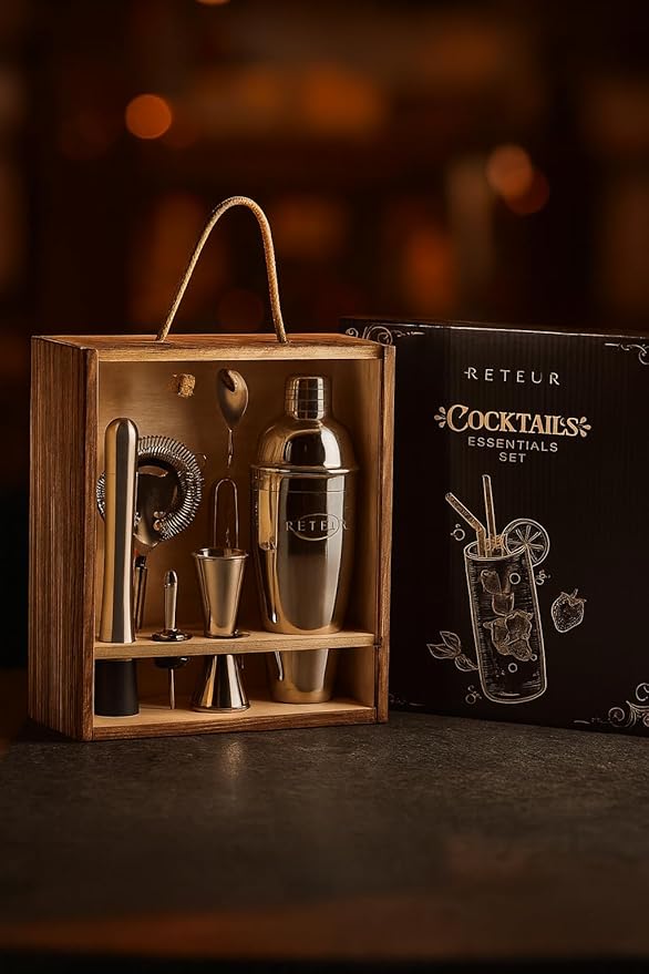 Cocktail Shaker Set RETEUR -10 Piece Bartender Kit with Rustic Wood Box -Bar Tool Set Stainless Steel - Home Cocktail Shaker Set- Bar Set, Essential and Excellent Gift., Silver