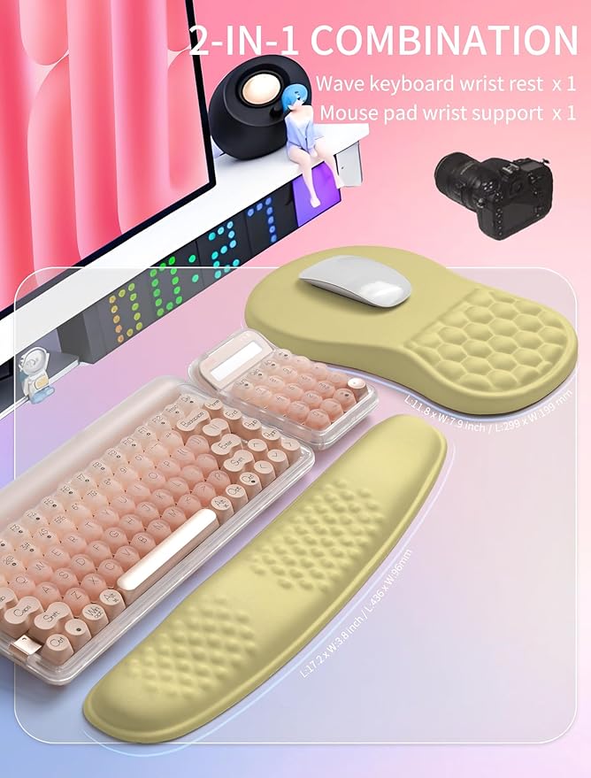 Hokafenle 2in1 Combination, Wave Keyboard Wrist Rest and Ergonomic Curvature Mouse Pad Wrist Support for Relieve Wrist Pain, Filled with Soft Cushion Memory Foam, Butter Yellow