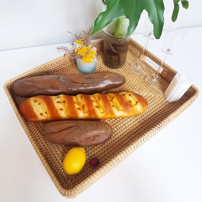 i-lan 20 Inch Handmade Rectangular Countertop Serving Trays with Cutout Handles,Rustic Decorative Rattan Woven Platter Holding Breakfast,Fruits,All Dish and Table Accessories.