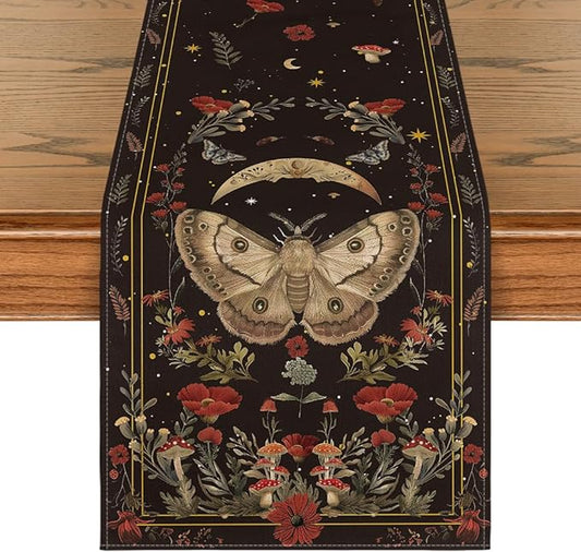 Artoid Mode Poppy Moth Mushroom Moon Fall Table Runner, Seasonal Autumn Kitchen Dining Table Decoration for Home Party Decor 13x108 Inch