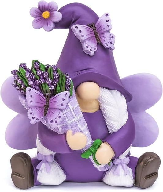 Lavender Gnomes Decor, Spring Resin Garden Gnome Decorations for Home Indoor/Outdoor Pastel Purple Spring Lavender Decorations Farmhouse Butterfly Gnome