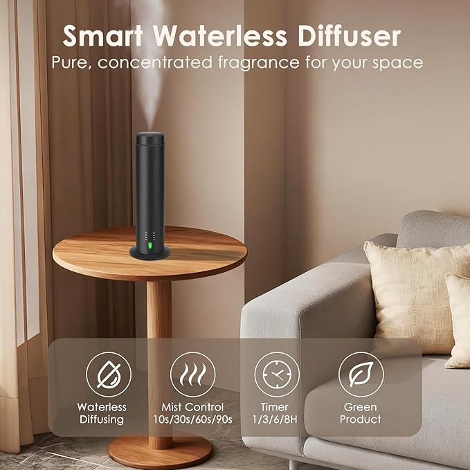 Waterless Essential Oil Diffuser for Homes, Offices, Hotels, Spas, 200ML Capacity, 1500 Sq Ft Coverage, Remote Control, Black Aluminum Alloy