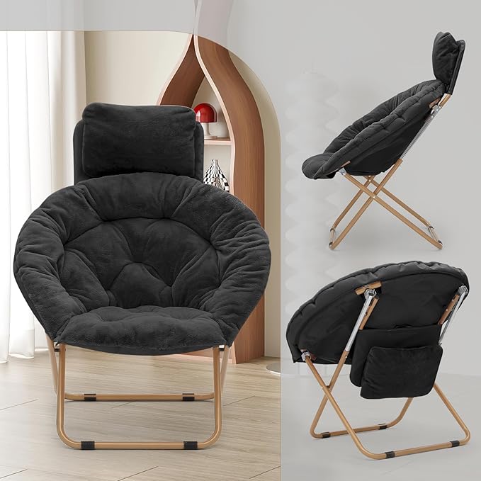 Athena Collection Comfy Saucer Chair with Headrest, Set of 2 Oversize Round Cozy Chair Folding Chair Faux Fur Metal Frame Foldable Reading Chair Accent Chair for Bedroom Living Room, Black